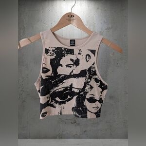 SHEIN Beige Crop Tank with Black Graphic Print